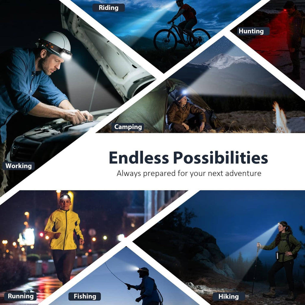 Black rechargeable headlamp shown worn for running, camping, hunting, and hiking