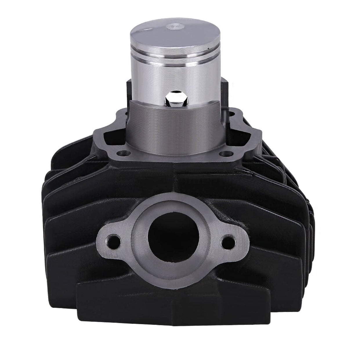 Black engine cylinder with silver piston and visible intake port plate