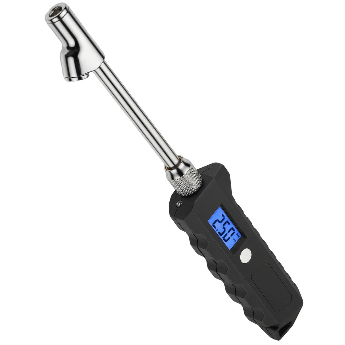 Black digital tire pressure gauge with metal chuck and blue LCD screen