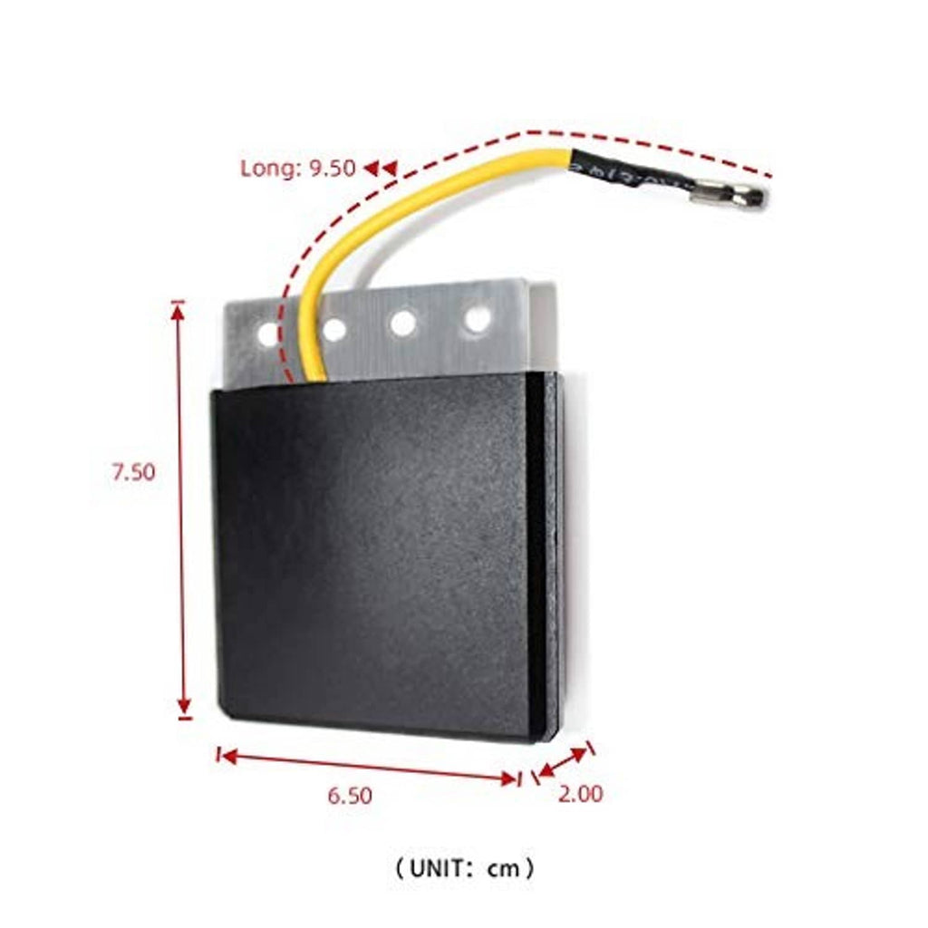 Black voltage regulator rectifier with aluminum plate, yellow cable, and size-marked close-up
