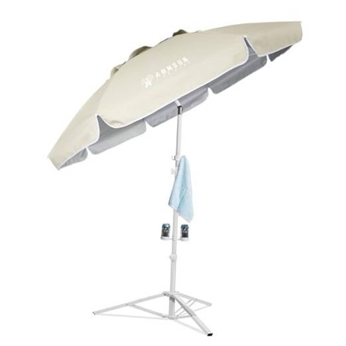Beige portable patio umbrella with white tripod stand and hanging light-blue bag