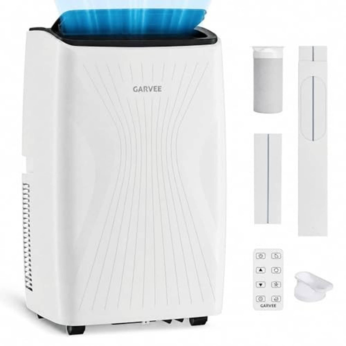 White portable air conditioner with blue top air outlet and side vent on the left.