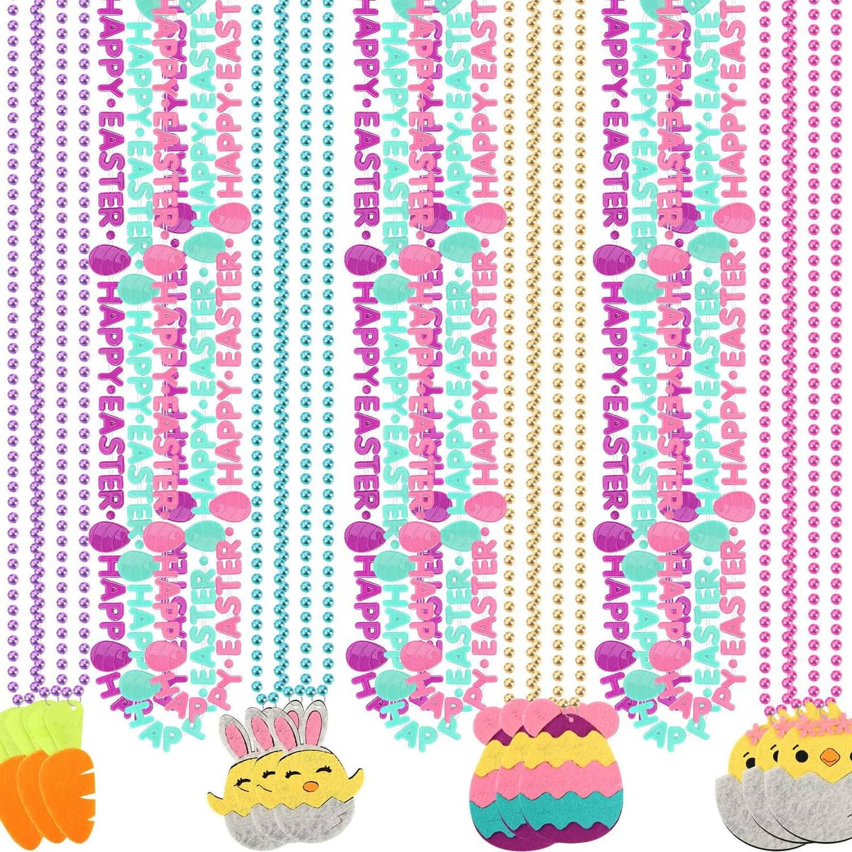 Easter metallic bead necklace set with bunny charms in red, yellow, purple, and blue