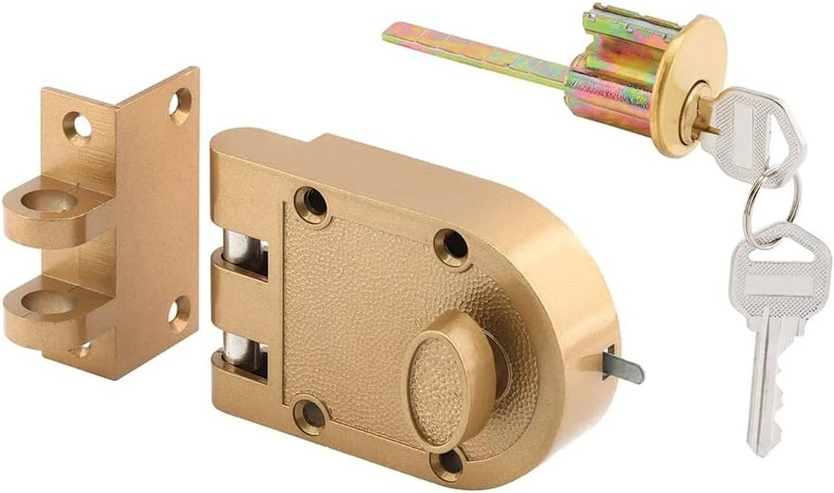 Keyed deadbolt lock with textured cover, keys, and mounting bracket hardware