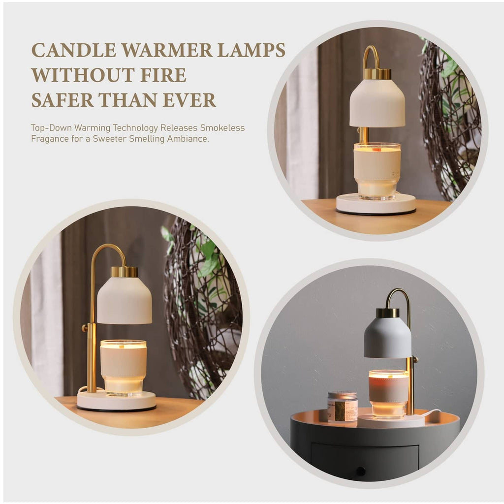 White candle warmer lamp with gold top and glowing bulbs on a round base