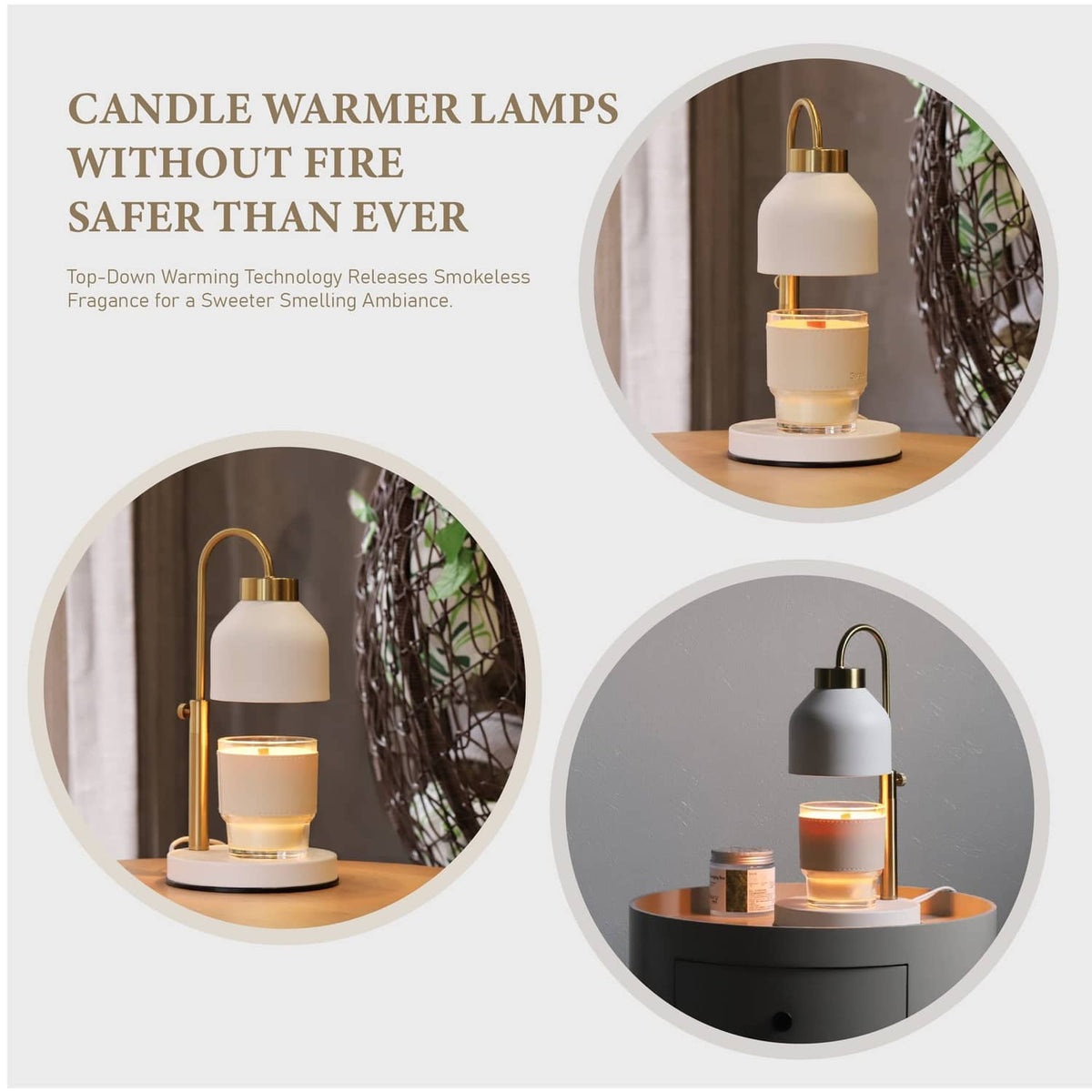 White candle warmer lamp with gold top and glowing bulbs on a round base
