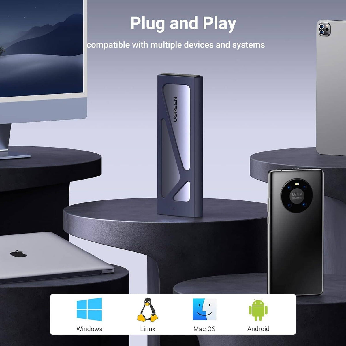 Portable UGREEN NVMe SSD enclosure with compact plug-and-play connectors