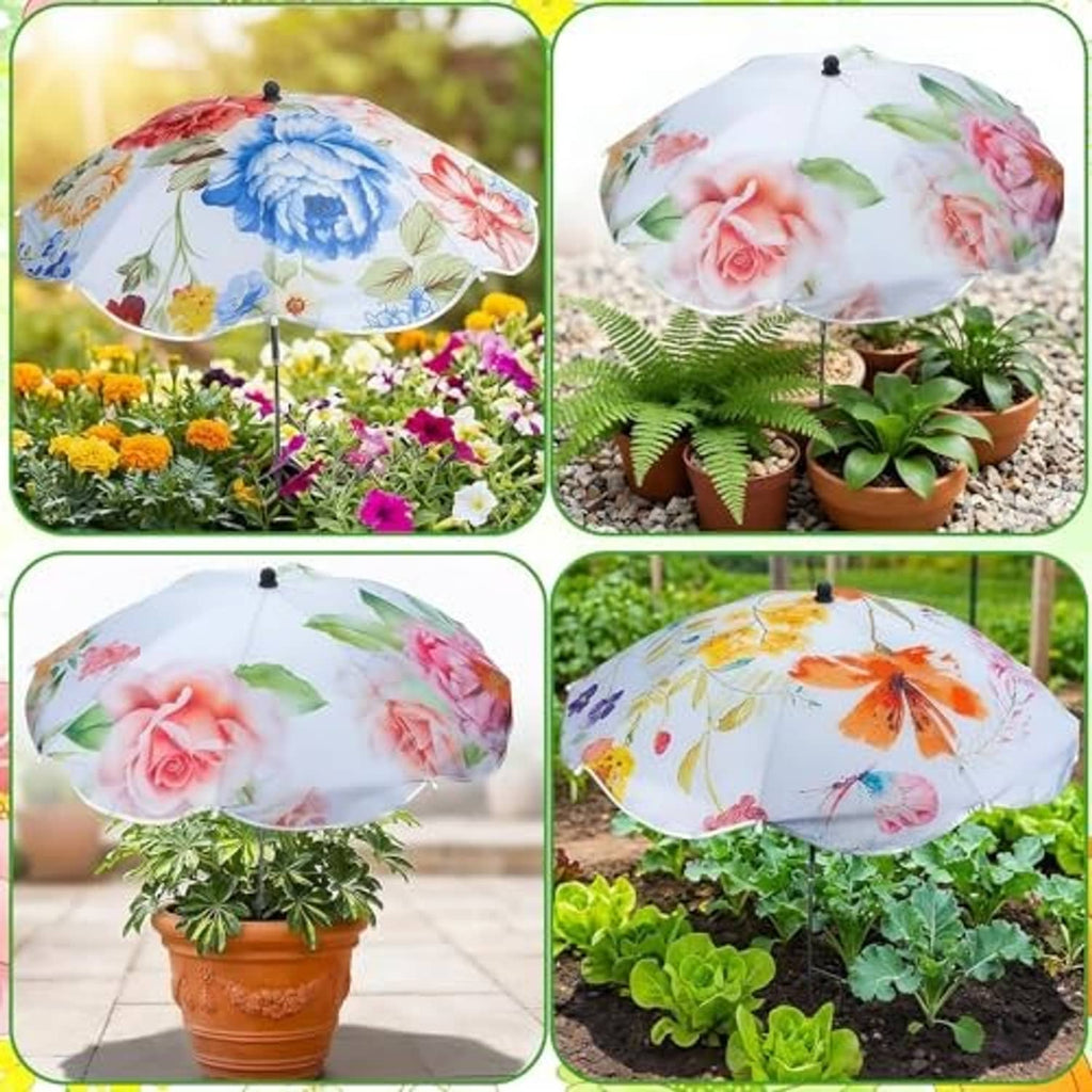 Set of floral plant umbrellas with light blue and rose patterns on poles