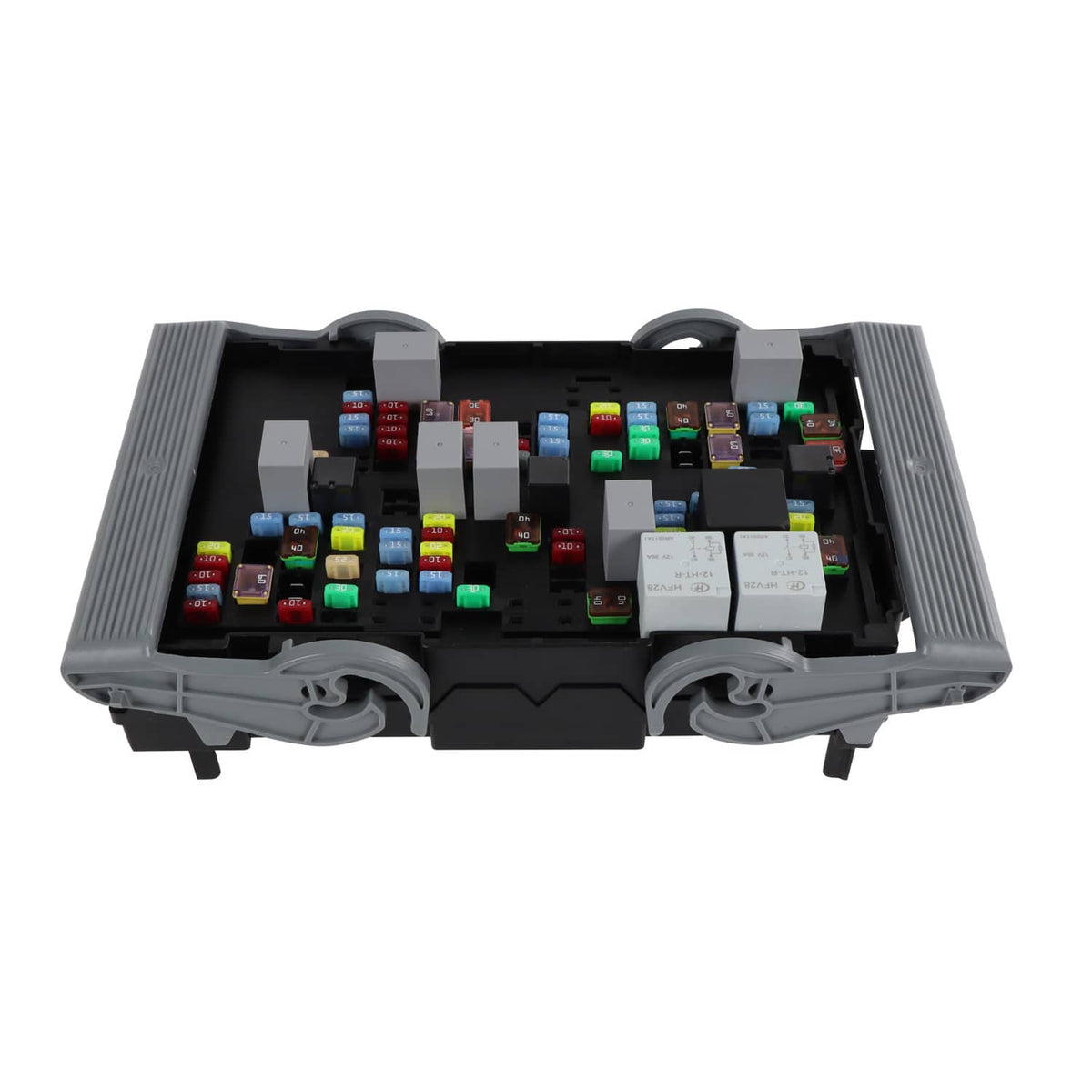 Electrical fuse relay junction block open housing with colorful fuses and relays inside