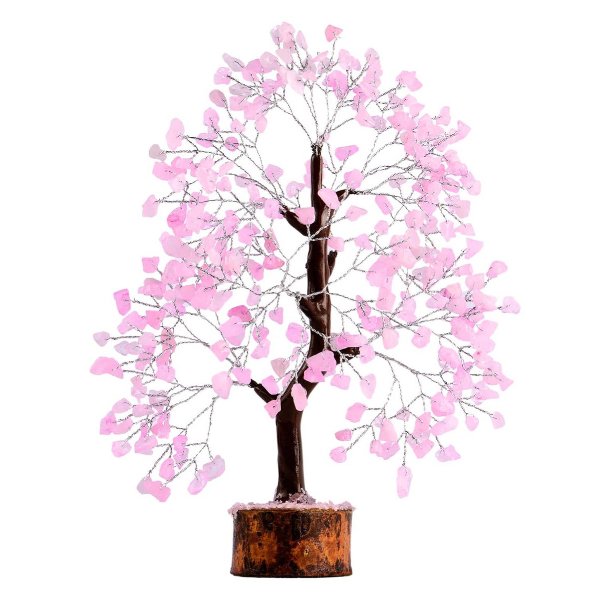 Rose quartz crystal tree with pink crystal leaves and dark trunk on wood base