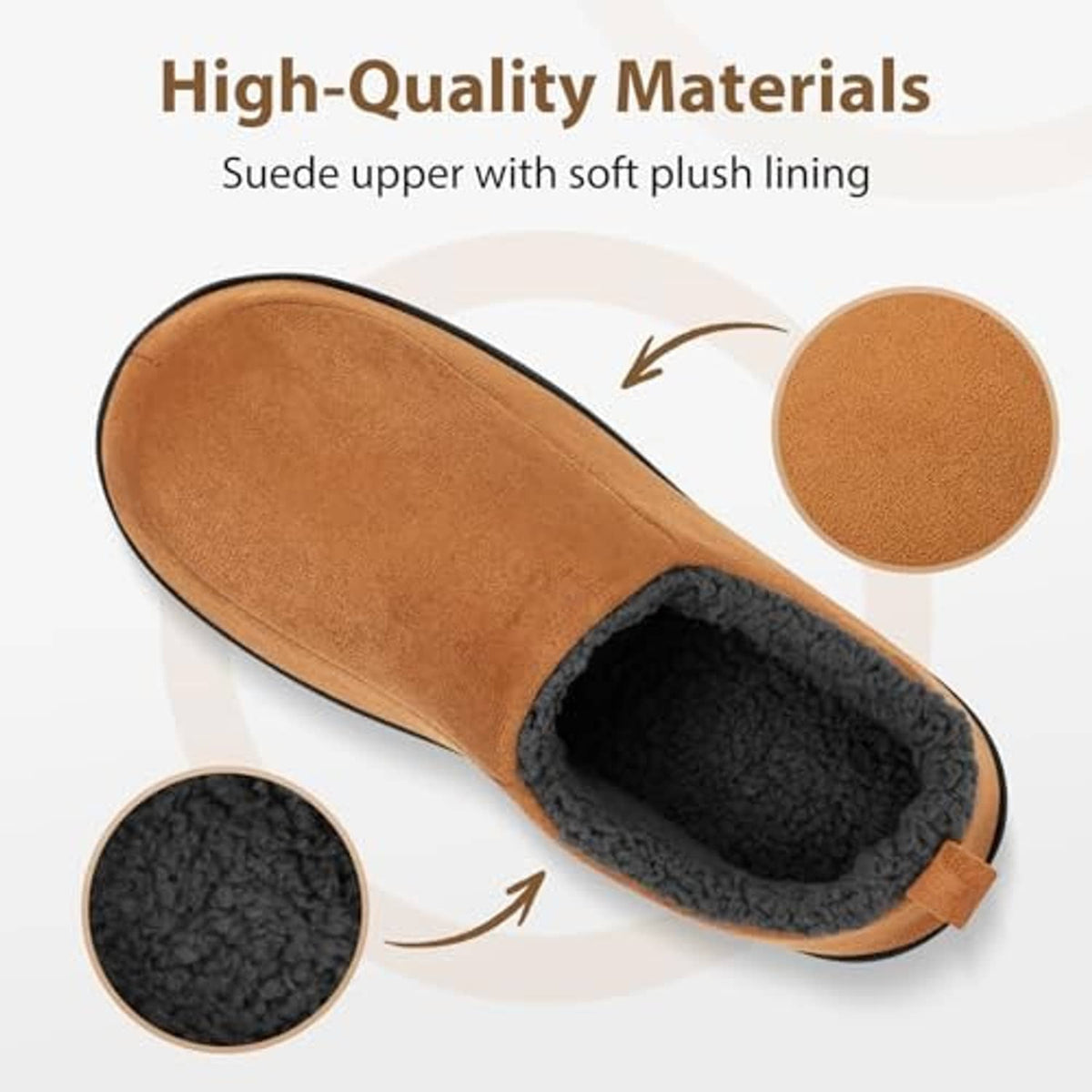 Brown suede slip-on slipper with plush lining and cushioned sole, close-up angle