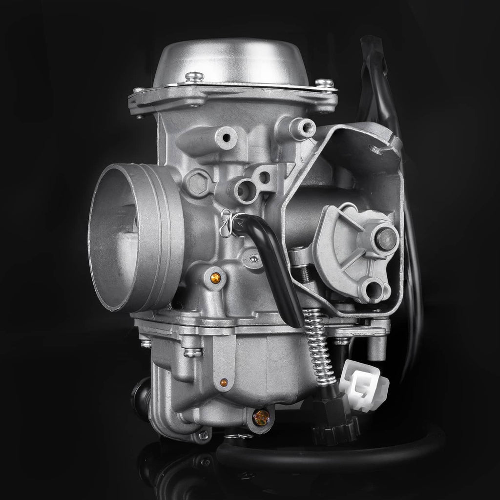 ATV carburetor with air intake and metal housing, close-up front-left view