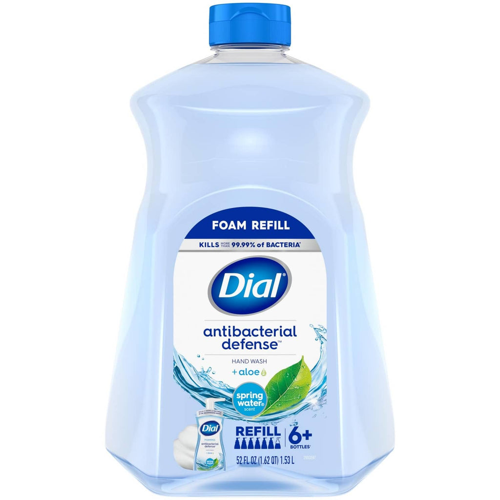 Dial antibacterial foaming hand soap refill bottle, light blue with blue cap