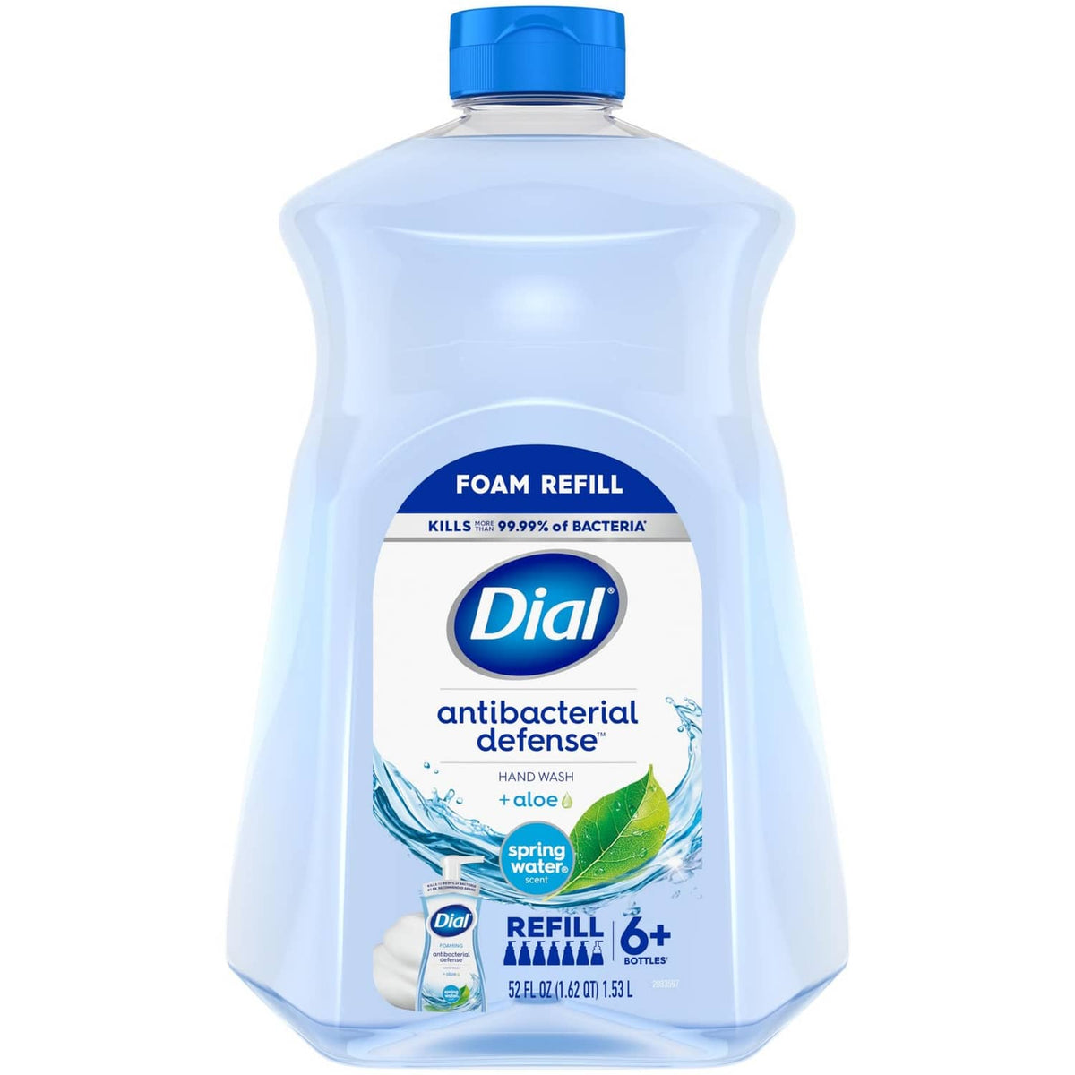 Dial antibacterial foaming hand soap refill bottle, light blue with blue cap