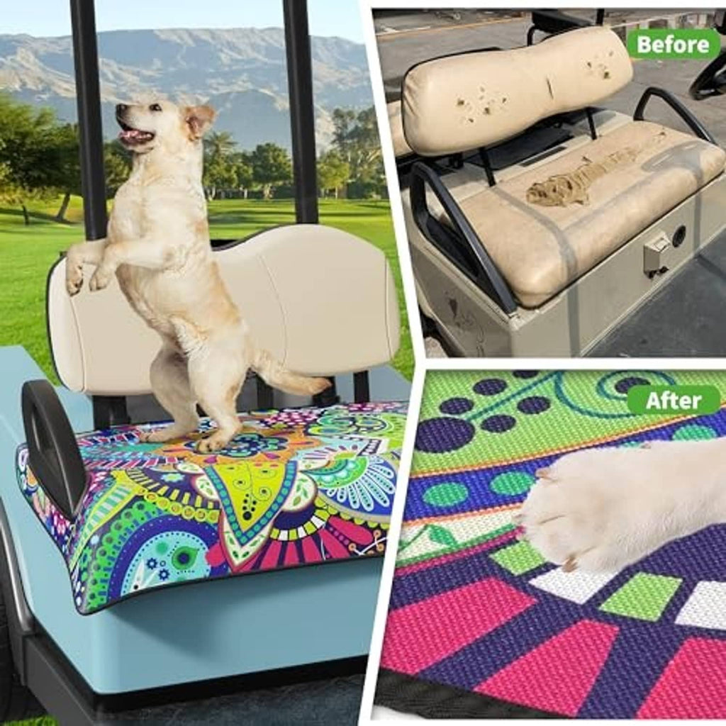 Mandala golf cart seat cover on seat cushion with close-up of matching fabric