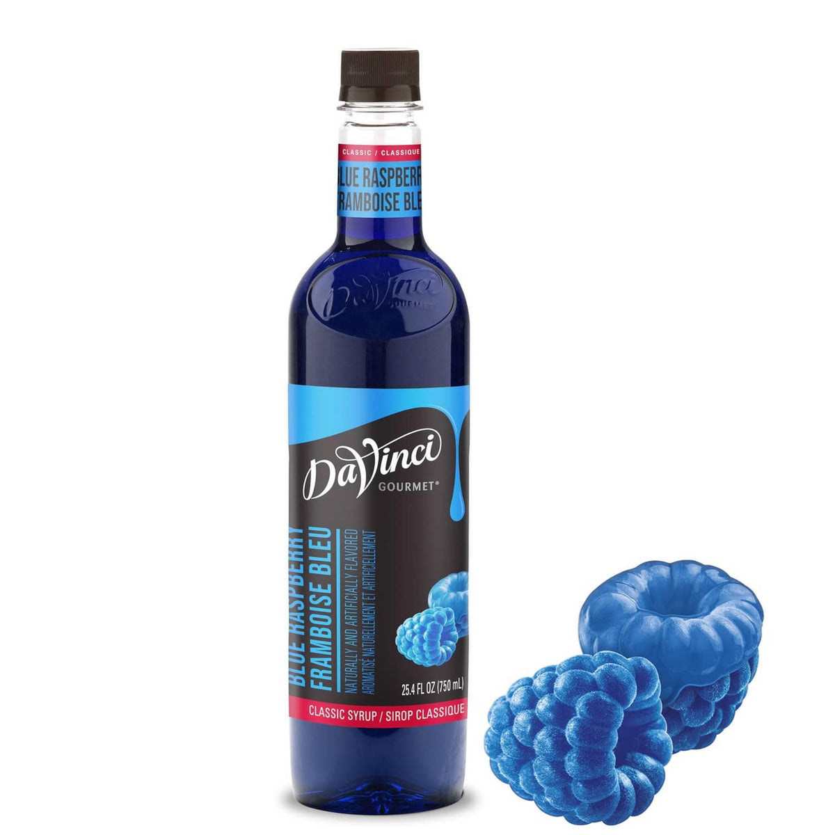 DaVinci Gourmet blue raspberry syrup bottle, dark cap, front label on blue glass