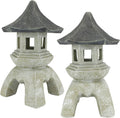Set of 2 large cast stone pagoda lantern statues with dark textured roofs and window openings