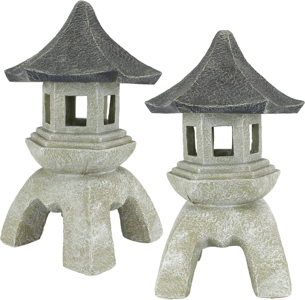 Set of 2 large cast stone pagoda lantern statues with dark textured roofs and window openings