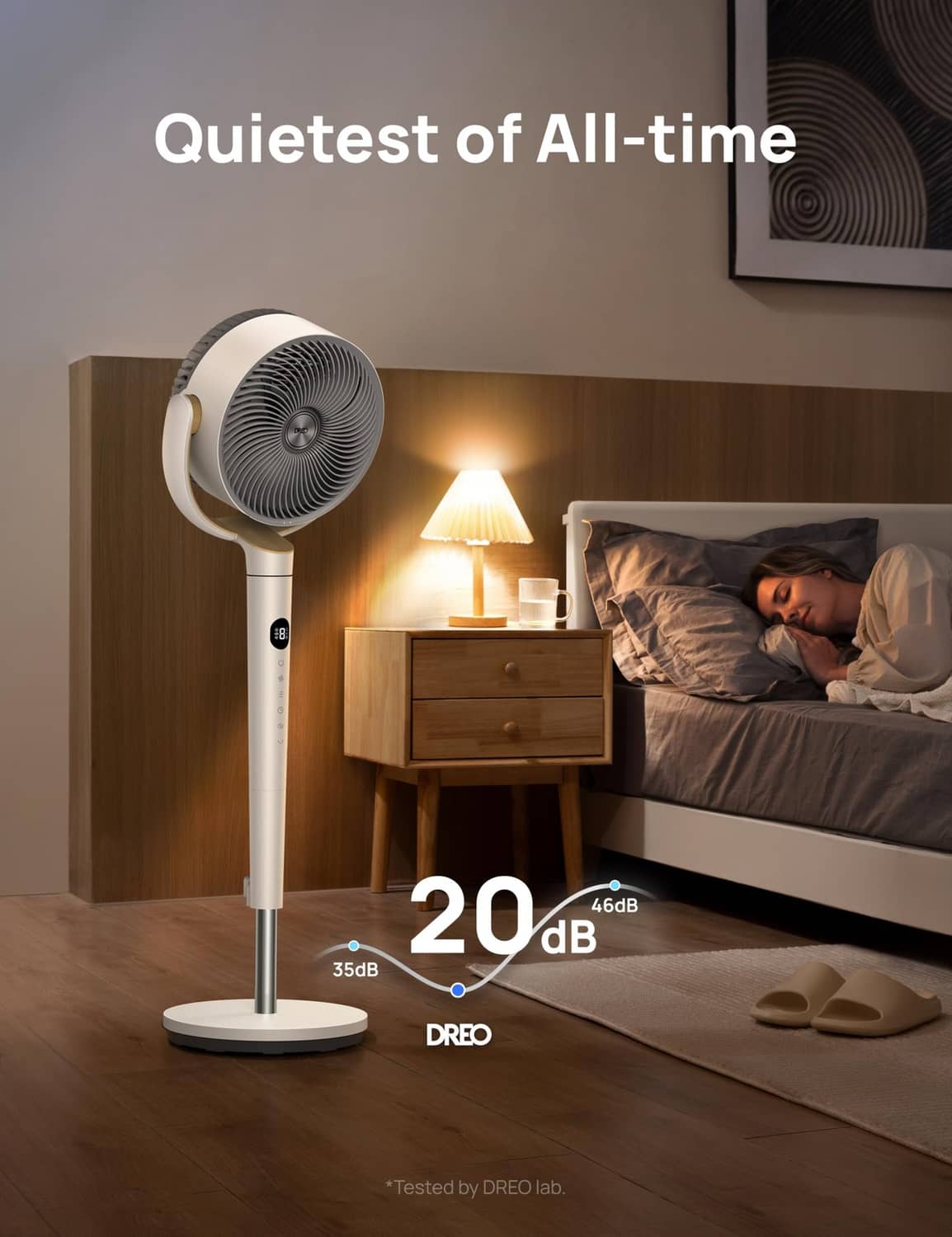 White standing fan on pedestal base with front grille and oscillation head.