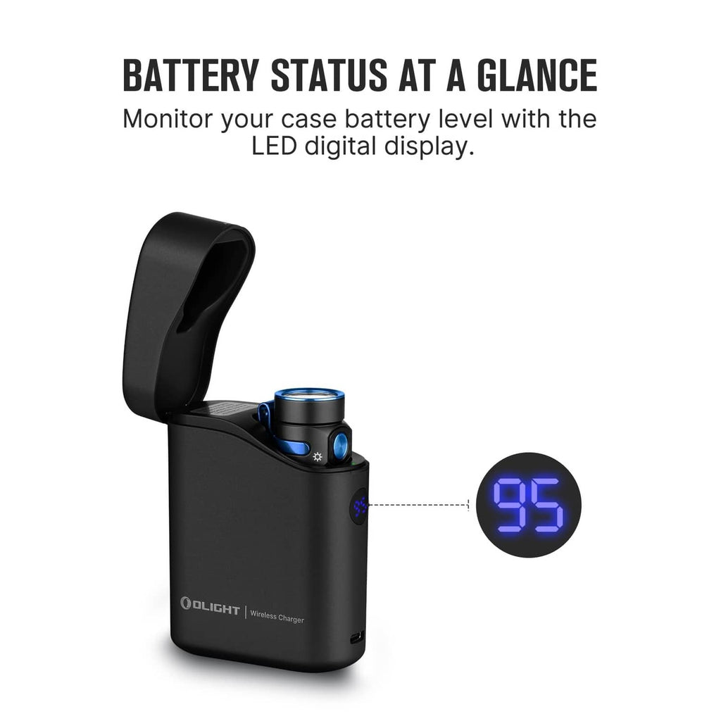 Black charging dock with flashlight and purple LED battery percentage display