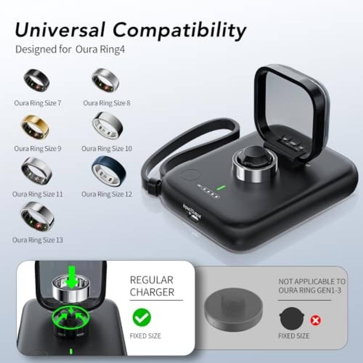 Black charging dock with metal charging ring and green LED indicator