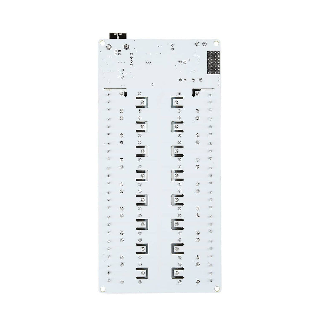 Sainsmart 16-channel USB relay module back side with solder points and pin headers