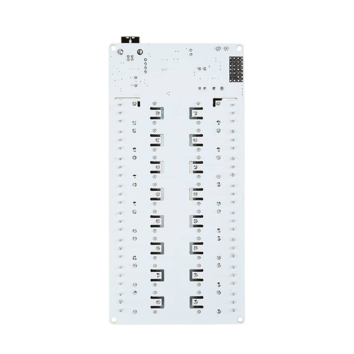 Sainsmart 16-channel USB relay module back side with solder points and pin headers