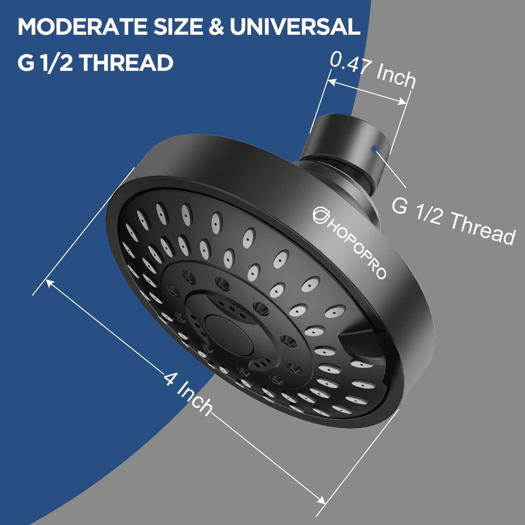 Matte black fixed shower head, 4-inch size with G 1/2 thread connector