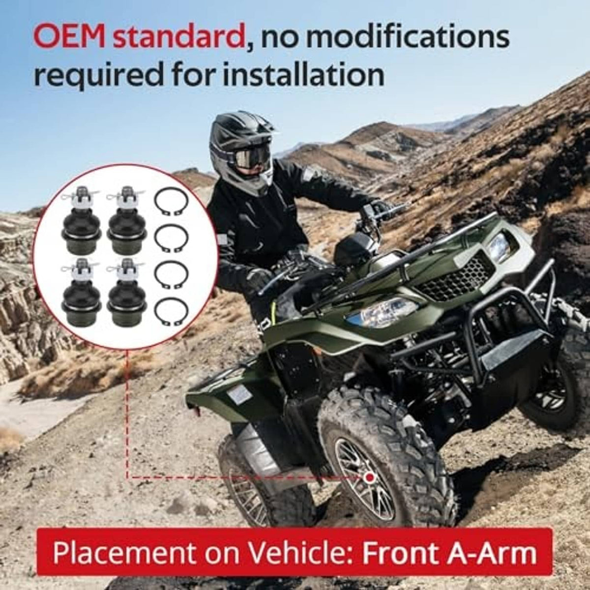 Front A-arm ball joint set with rubber boots and retaining clips for vehicle installation