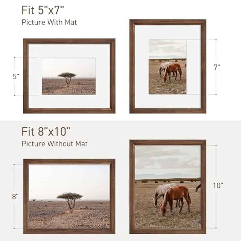 Walnut frame showing 5x7 with mat and 8x10 without mat layout
