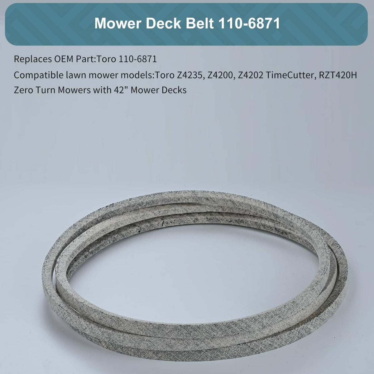 Gray speckled mower deck belt, flat looped shape with textured outer surface