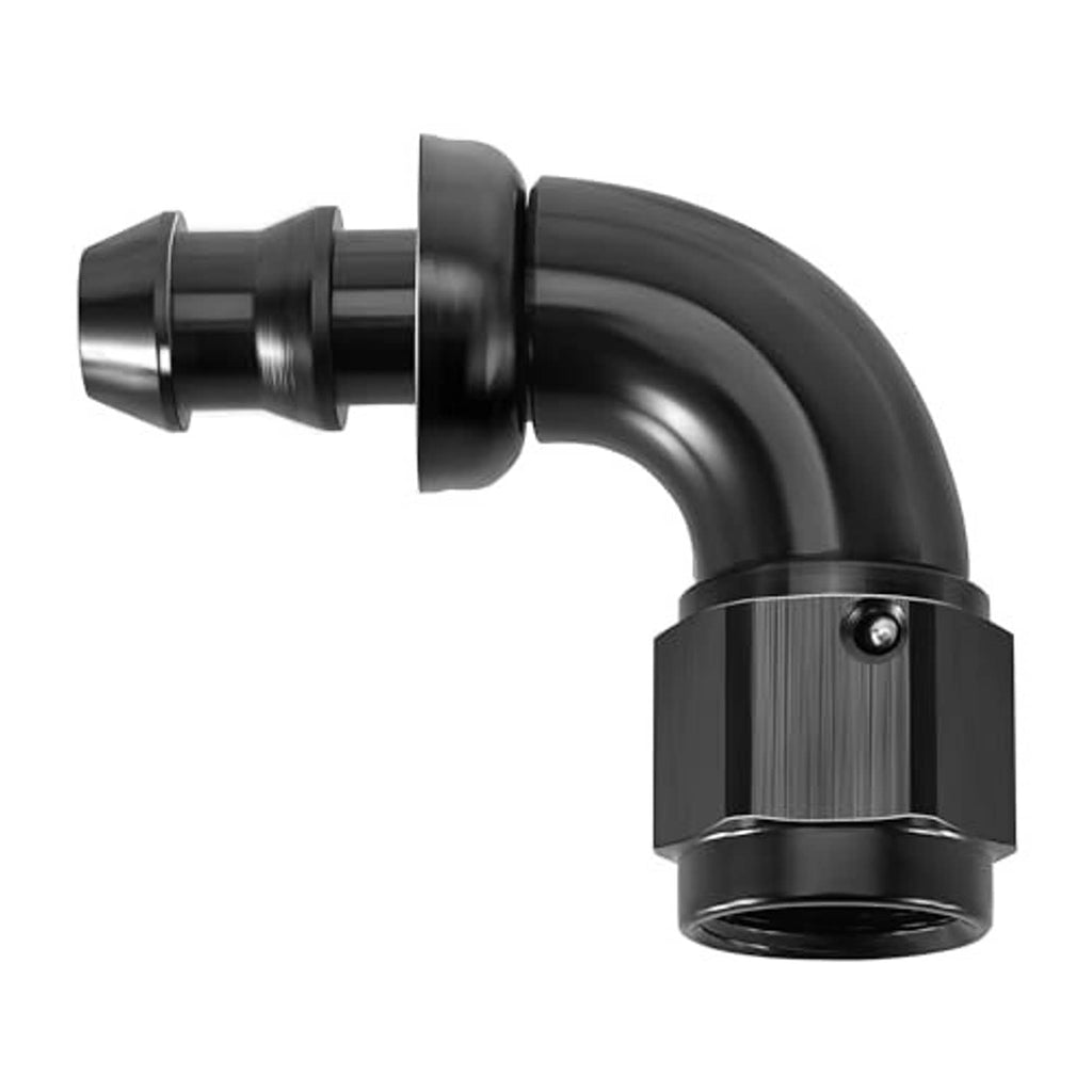Black 90-degree AN push-lock hose end fitting with knurled nut-style collar