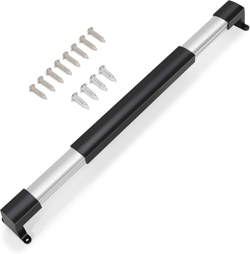 RV screen door cross bar handle with adjustable-width rail and mounting screws