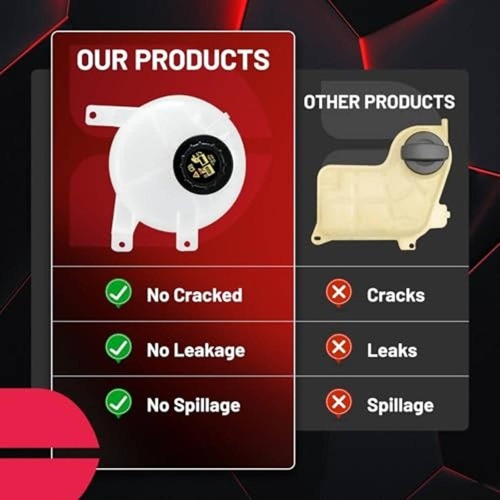 White coolant reservoir with cap shown in product comparison graphic