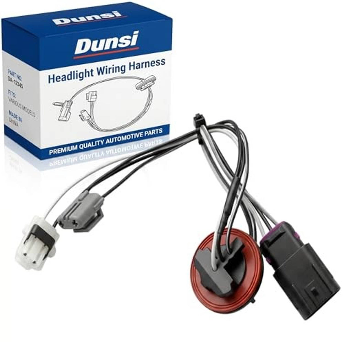 Headlight wiring harness with multiple connectors and red-ring socket, black cable