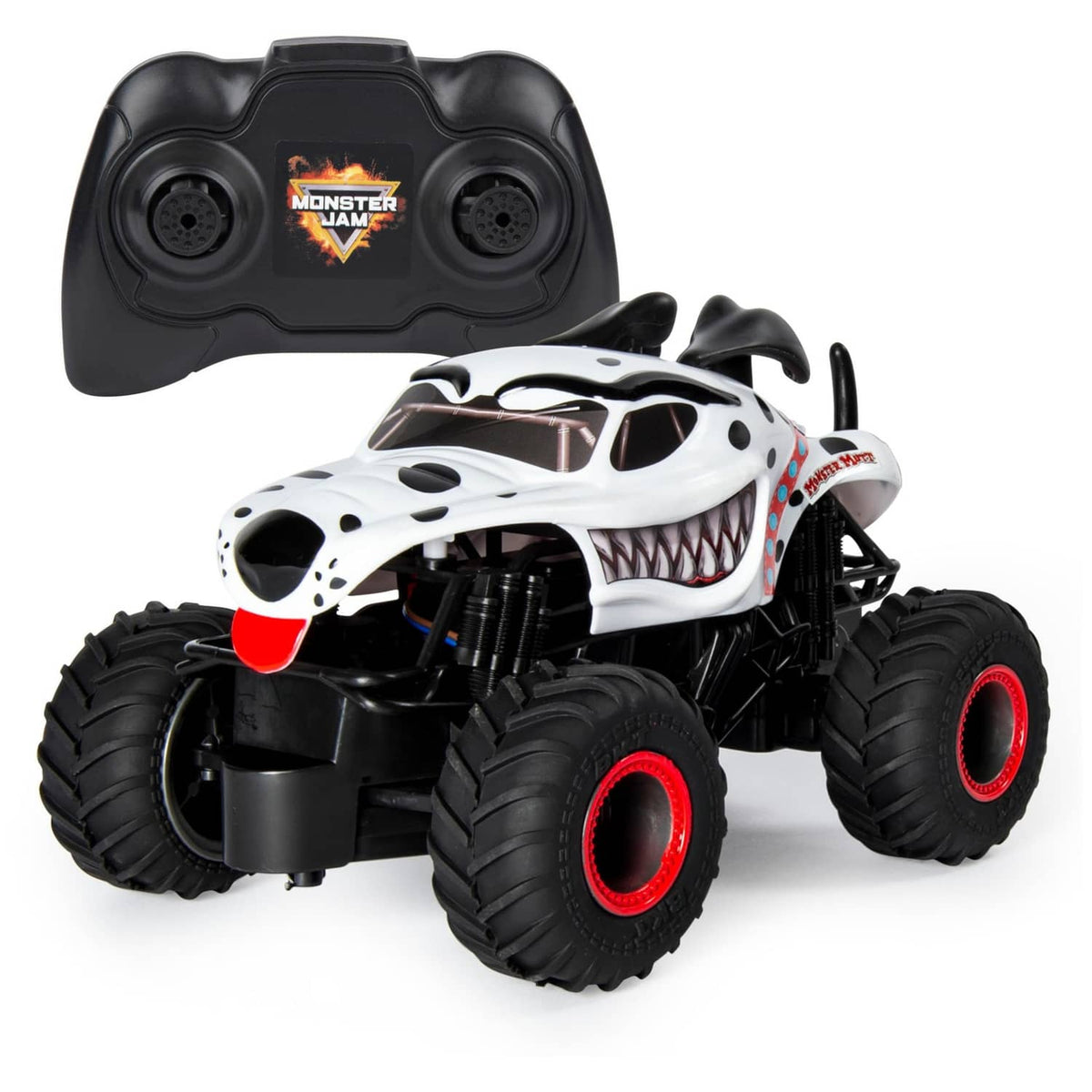 RC monster truck with white dalmatian-style body and black tires, with black remote