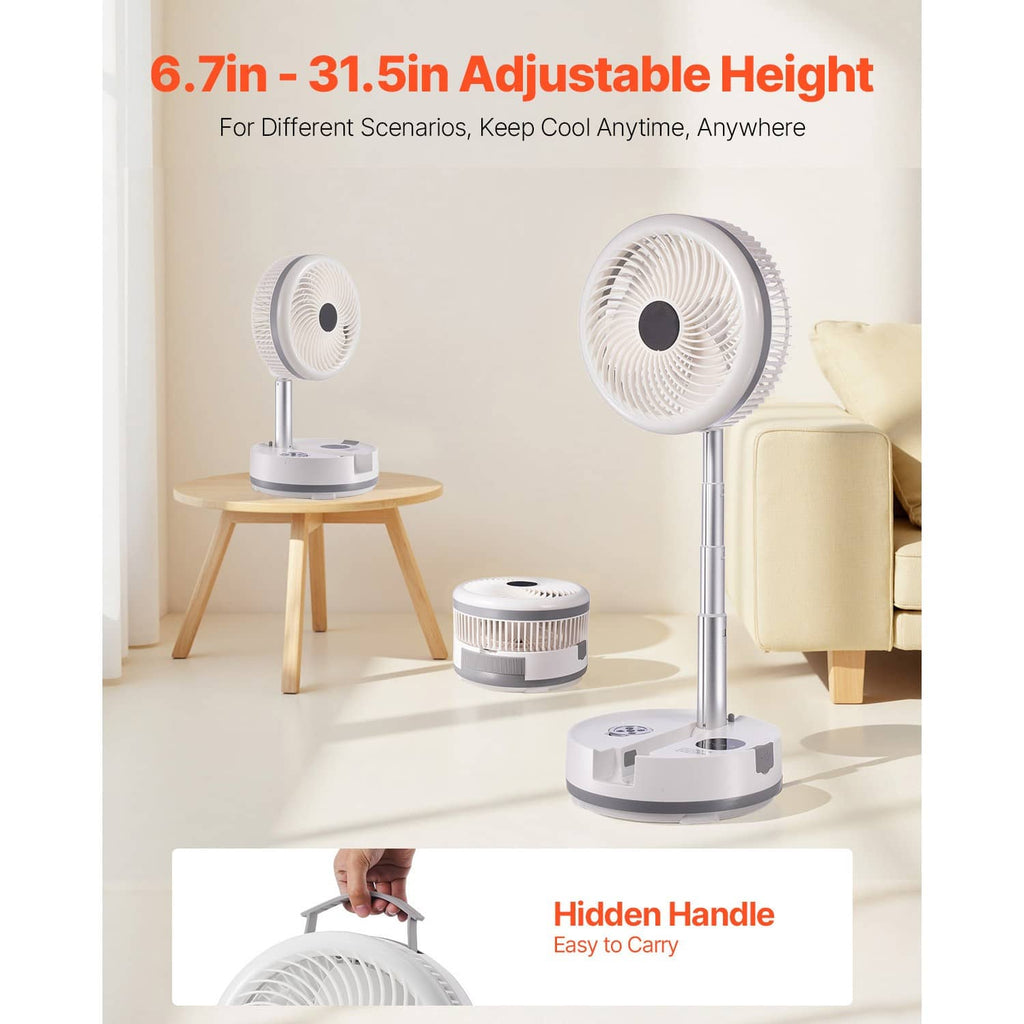 Adjustable standing rechargeable fan with white head and round base
