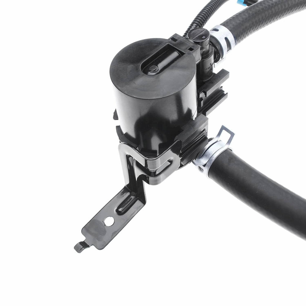 Vapor canister vent solenoid valve end with mounting bracket and black hose connection