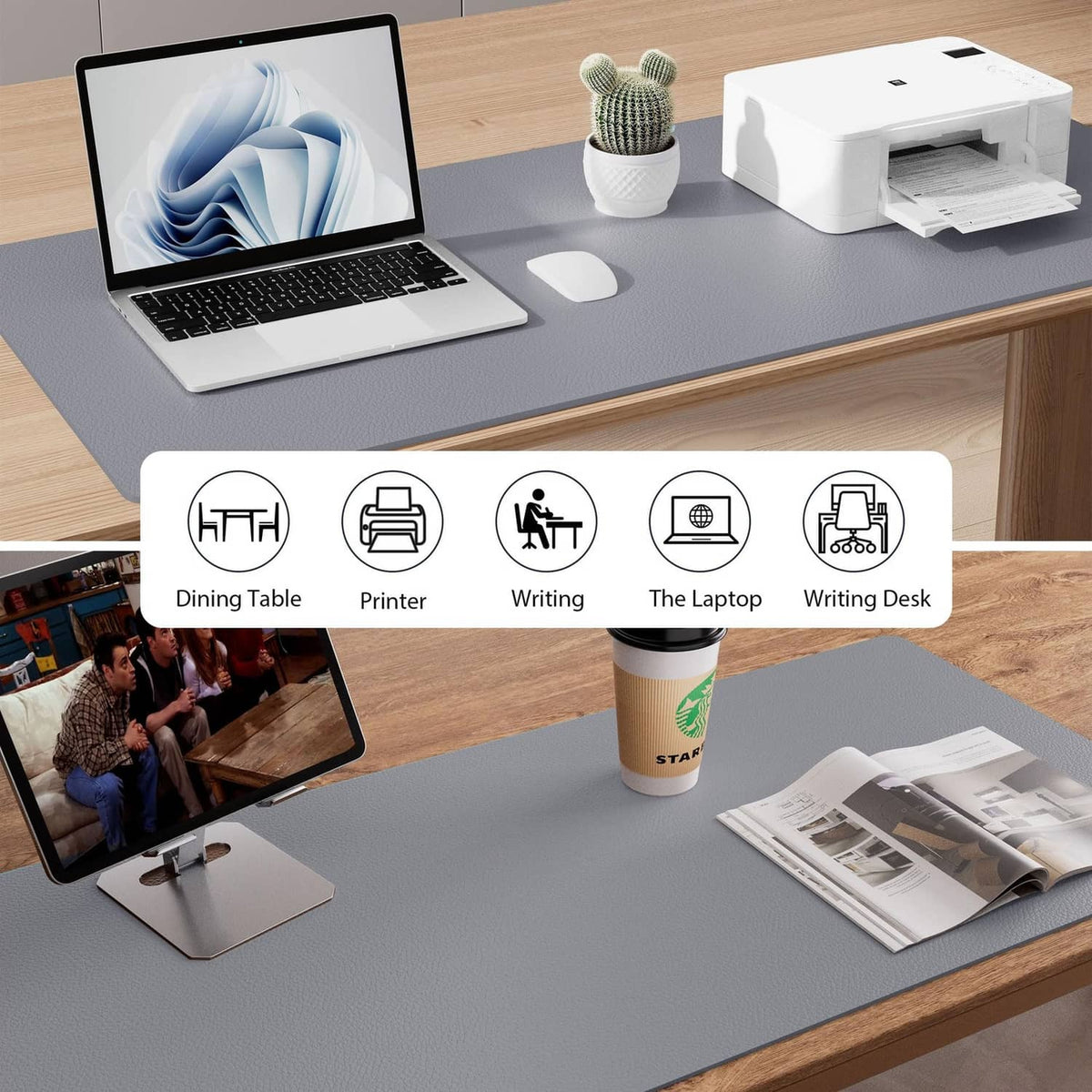 Light grey PU leather desk pad protector protecting a laptop workspace