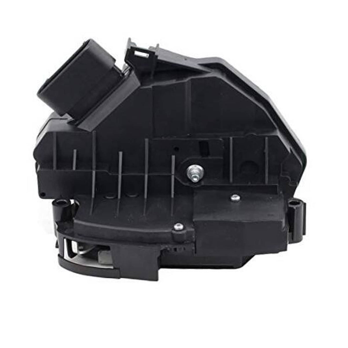 Black door lock latch actuator with metal screw posts and connector tabs