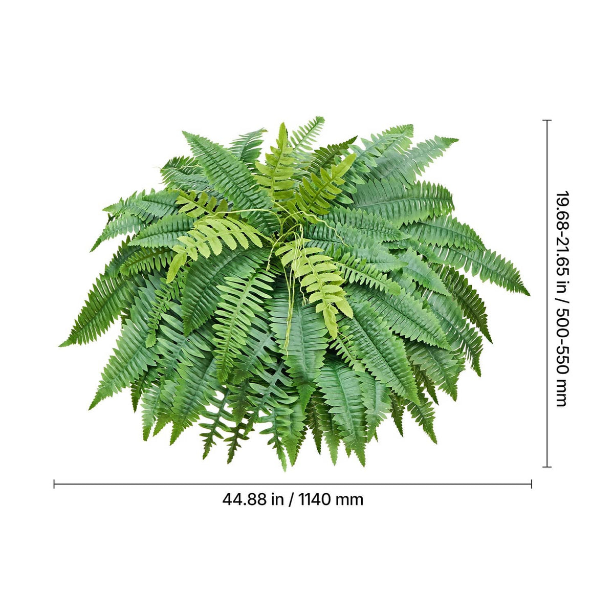 Artificial green fern plant close view with 45 in height measurement on side