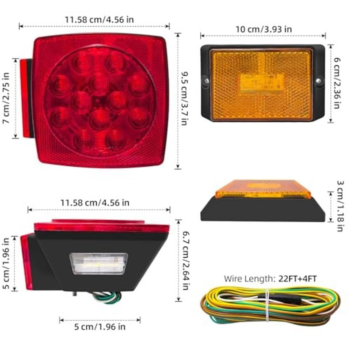 Trailer marker lights with red and amber square housings, shown with wire and measurements
