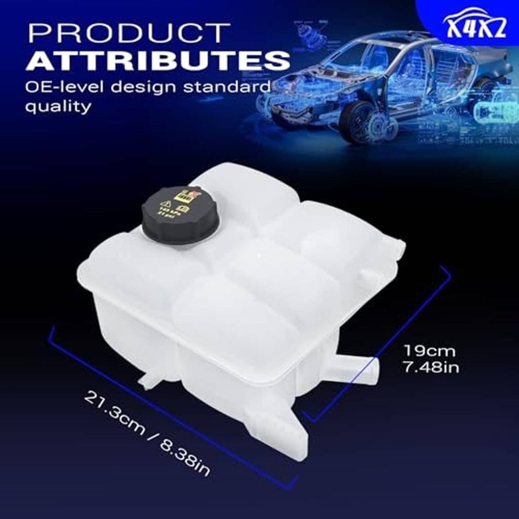 White front engine coolant expansion tank with molded cap and dimension markings