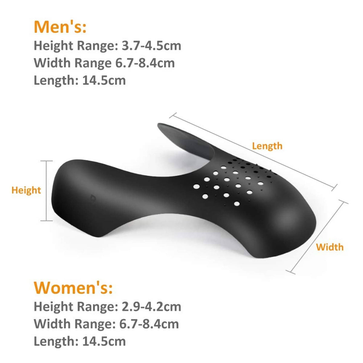 Black shoe crease protector insert with vent holes and curved fit for shoes.