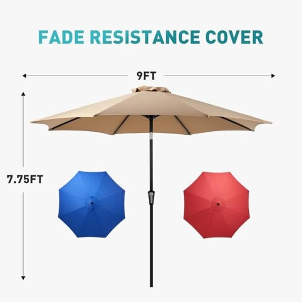Tan patio table umbrella with black center pole and open canopy; color options shown in swatches