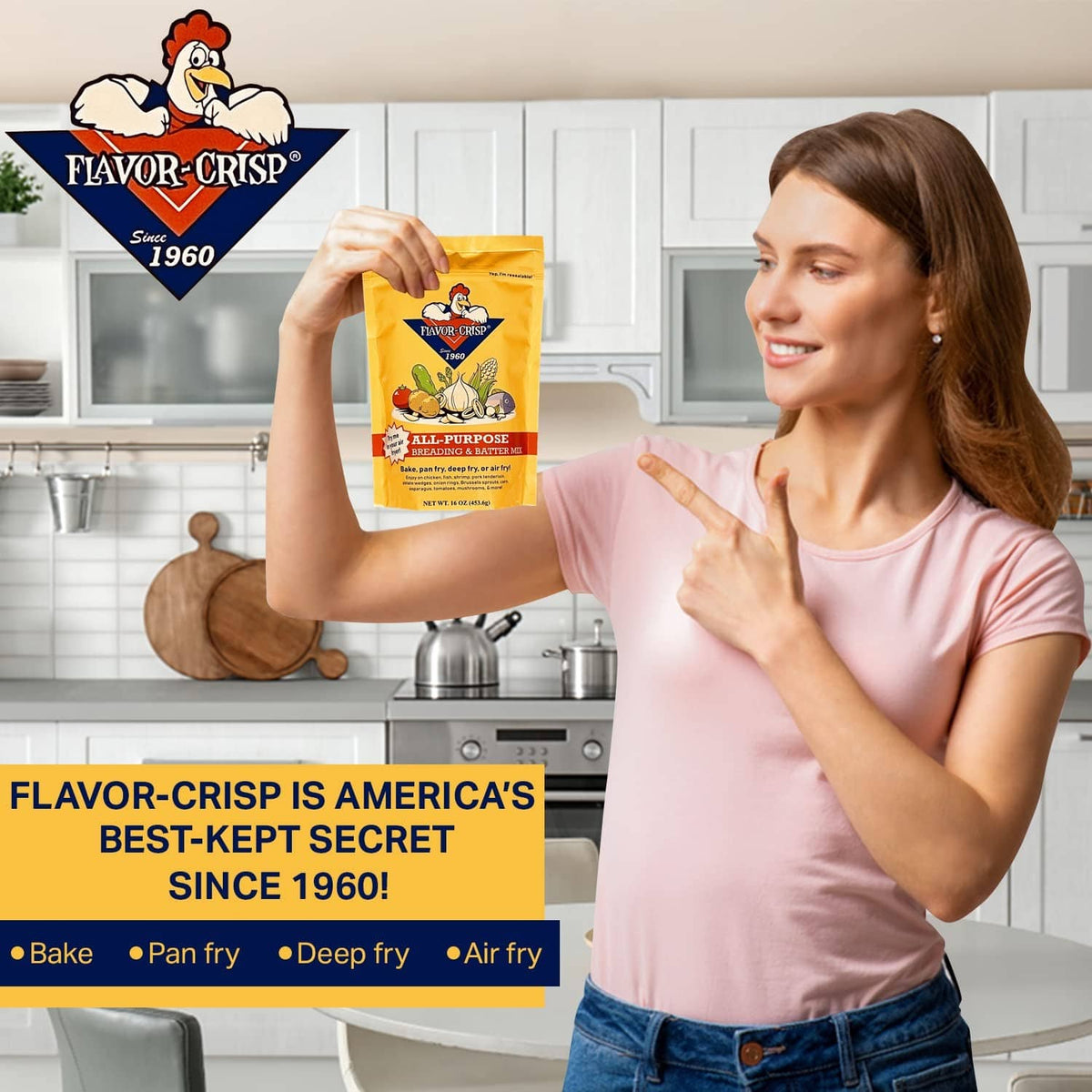Person holding Flavor-Crisp all-purpose breading & batter mix pouch in a kitchen