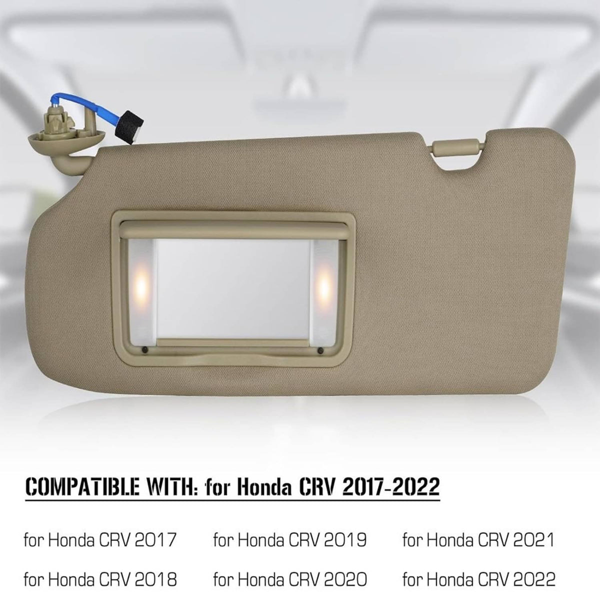 Beige left driver-side sun visor with rectangular mirror window showing LED glow