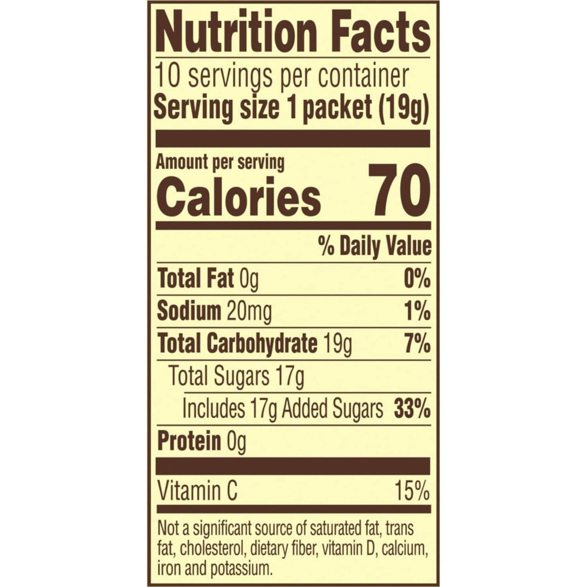 Nutrition Facts panel for lemonade drink mix: 70 calories per packet, 10 servings
