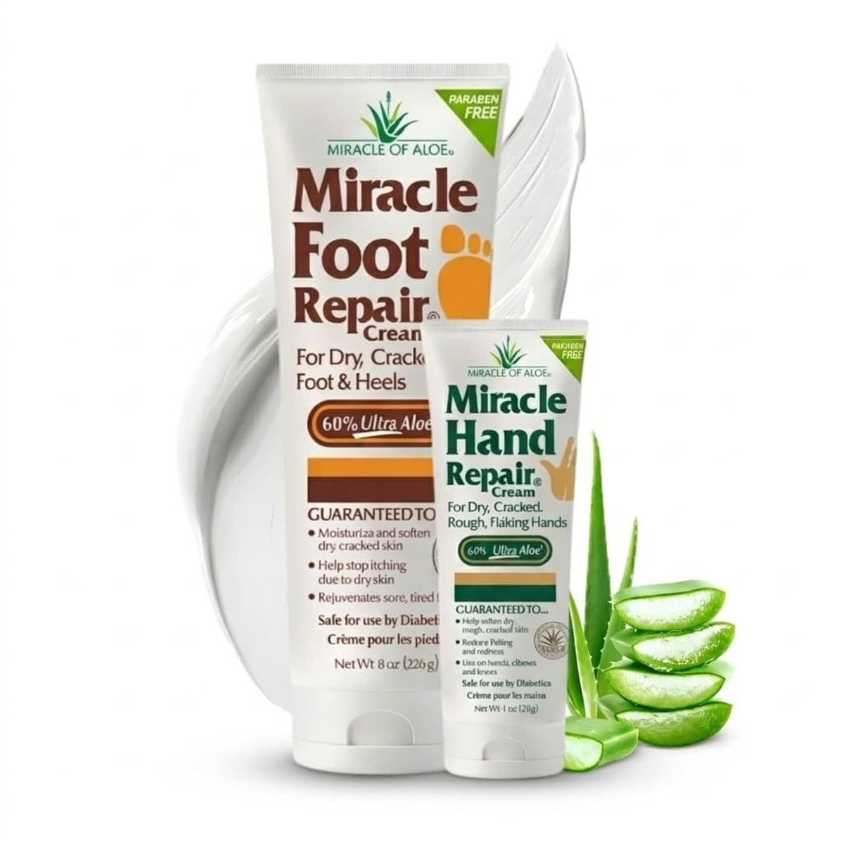 Foot repair cream and hand repair cream tubes, with aloe slices