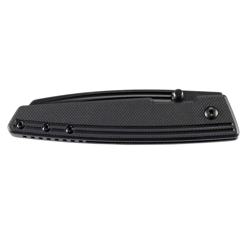CRKT Inara folding knife rear view, black textured scales with pocket clip